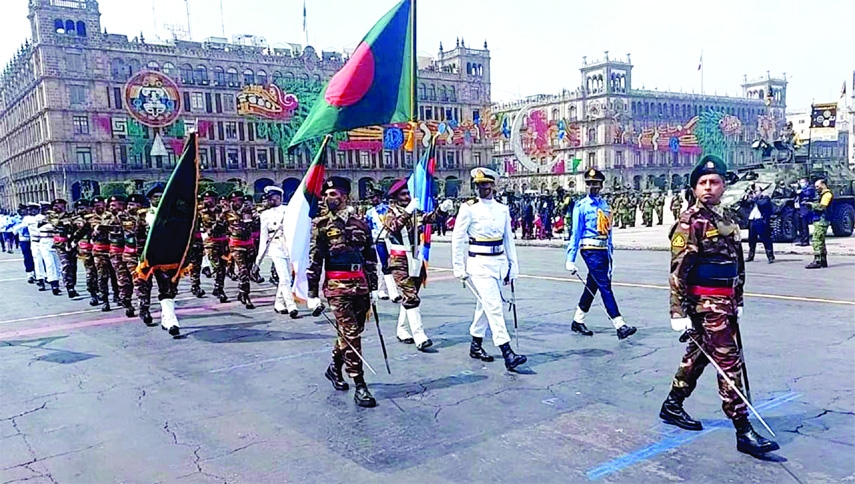 A smart contingent of Bangladesh armed forces led by Lieutenant Colonel Md Solaiman salutes salam to the honorable Mexican President in Mexico city on Thursday.