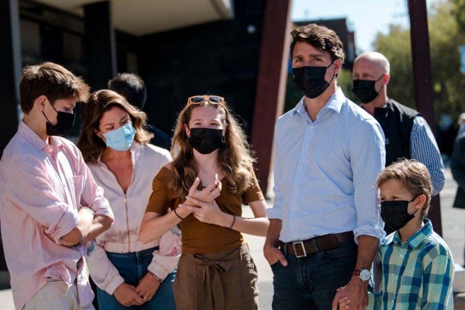 Canadian Prime Minister and Liberal Party leader Justin Trudeau arrives with his family to cast his vote in the 2021 Canadian election in Montreal, Quebec on Sept. 20, 2021.