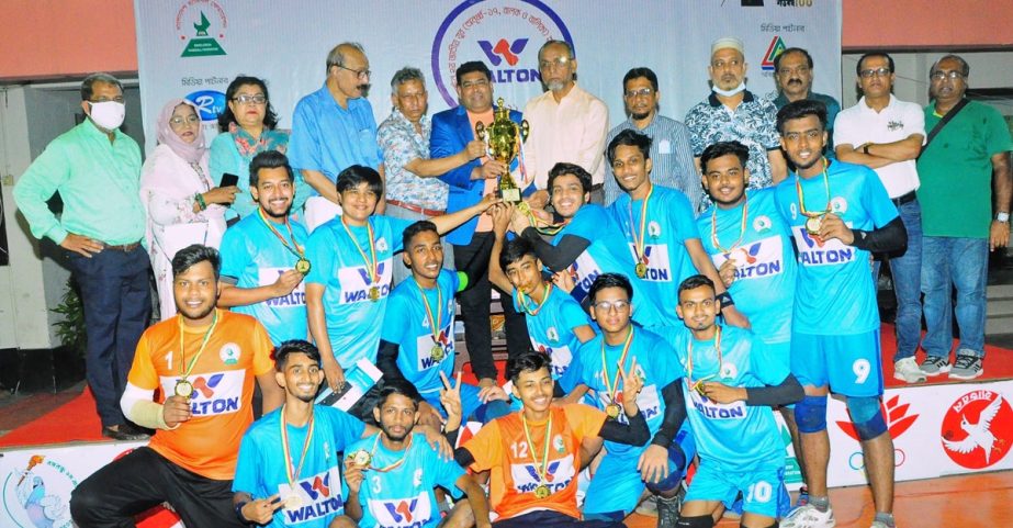 Members of Dhaka DSA, the champions of the 2nd National Youth (U-17) Boys' Handball competition with the chief guest Ashikur Rahman Miku, Deputy General Secretary of Bangladesh Olympic Association and the other guests and officials of Bangladesh Handball