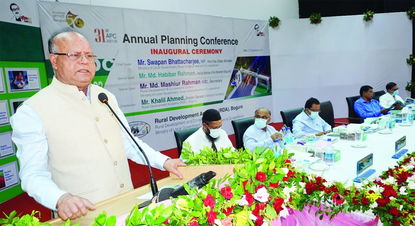 State Minister for the Ministry of Local Government, Rural Development and Cooperatives Swapan Bhattacharjee MP speaks at the 31st Annual Planning Conference held at RDA, Bogura auditorium on Wednesday.