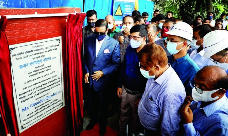 Road Transport and Bridges Minister Obaidul Quader inaugurates pilot piles work of elevated express way at Ashulia in the city on Saturday. NN photo