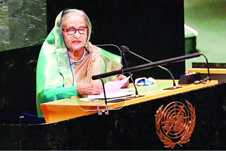 Prime Minister Sheikh Hasina addresses the 76th UNGA Session at the UN Headquarters in New York on Friday. PID photo