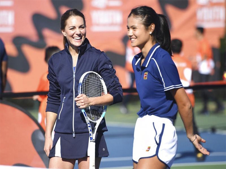 Britain's Kate, the Duchess of Cambridge (left) reacts as she plays with US Open Champion Emma Raducanu during an event hosted by the LTA Youth program, at the National Tennis Centre in London on Friday.