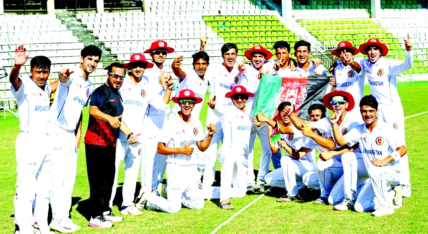 Afghanistan U19s celebrate a memorable win in their first-ever Test match against Bangladesh at Sylhet International Cricket Stadium on Saturday.