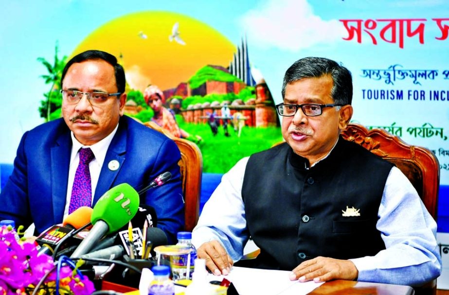 State Minister for Civil Aviation and Tourism Md. Mahbub Ali speaks at a press conference at the Ministry conference room in the capital on Sunday marking 'World Tourism Day 2021'. NN photo