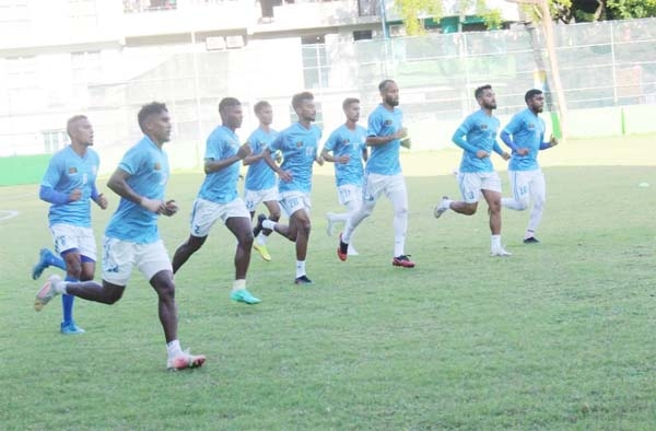 Players of Bangladesh Football team during their practice session at Male, the capital city of Maldives on Thursday.