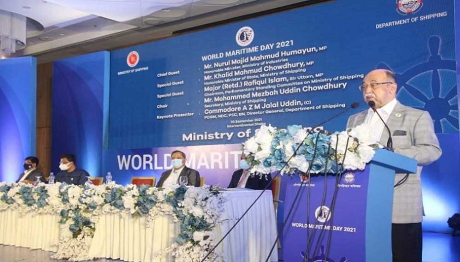 Industries Minister Nurul Majid Mahmud Humayun speaks at a programme marking 'World Maritime Day 2021' in Dhaka on Thursday.