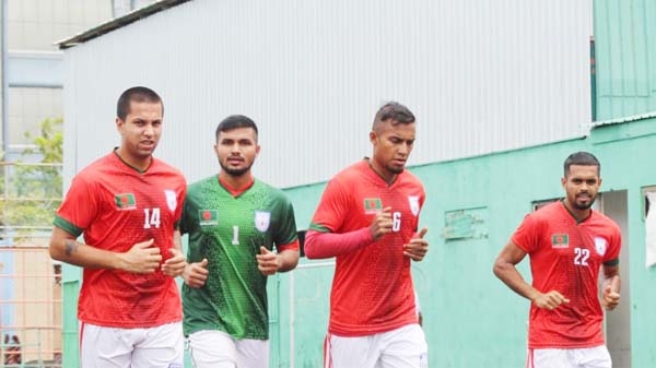 Players of Bangladesh Football team during their practice session at Male, the capital city of Maldives on Sunday.