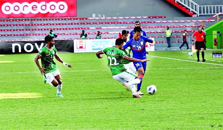 An sequence from the football match of the SAFF Championship between Bangladesh and India at the National Football Stadium of Maldives on Monday. The match ended in a 1-1 draw.