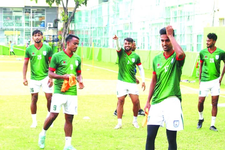 Players of Bangladesh Footboll team take part in their practice session at Male, the capital city of Maldives on Wednesday.