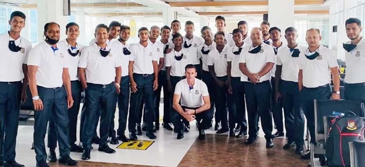 Members of Bangladesh Under-19 Cricket team pose for a photo session at the Hazrat Shahjalal International Airport on Thursday.