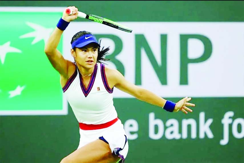 Britain's Emma Raducanu returns a shot to Aliaksandra Sasnovich of Belarus during the WTA Indian Wells tournament in Southern California on Friday.