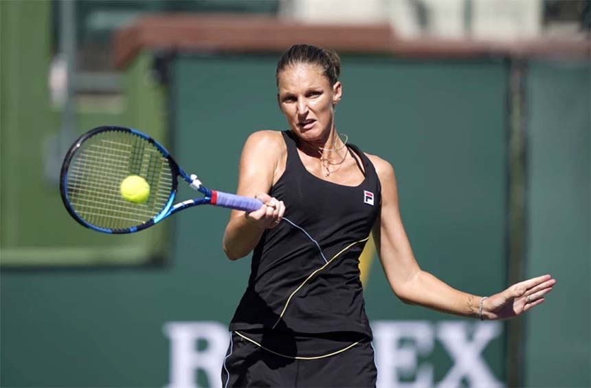 Karolina Pliskova hits a shot during her second round match against Magdalena Frech during the BNP Paribas Open at the Indian Wells Tennis Garden on Saturday.