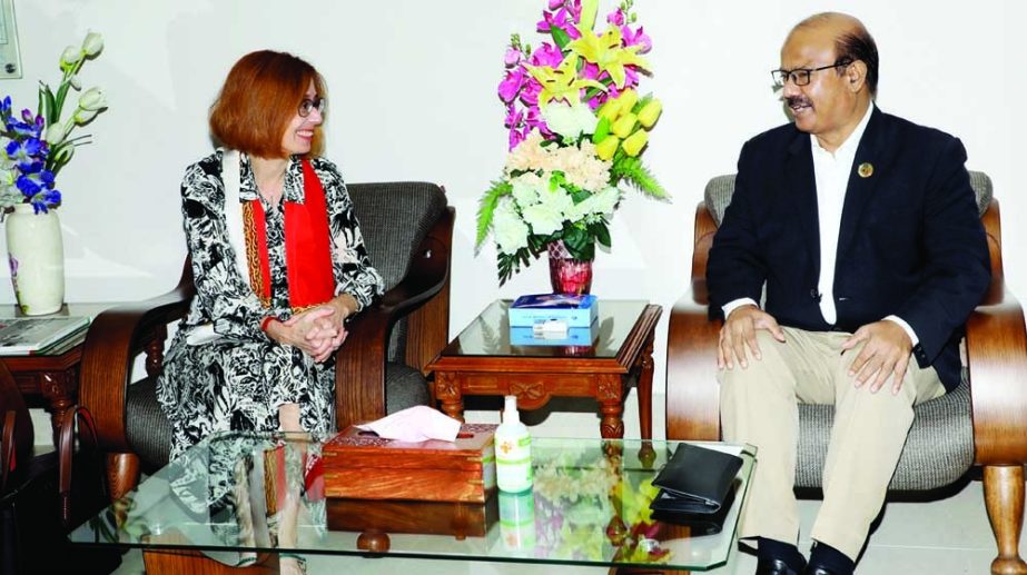 Swiss Ambassador to Bangladesh Miss Nathalie Chuard pays a courtesy call on Senior Secretary Dr Abu Hena Mostafa Kamal at Ganobhaban Complex of Defence Ministry on Monday. ISPR photo