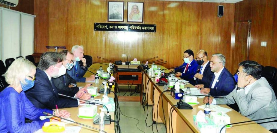 British High Commissioner to Bangladesh Robert Chatterton Dickson and Ambassador of Asia Pacific and South Asia Region of COP-26 Ken O'Flaherty take part in bilateral meeting with Environment, Forest and Climate Change Minister Md. Shahab Uddin at the Mi