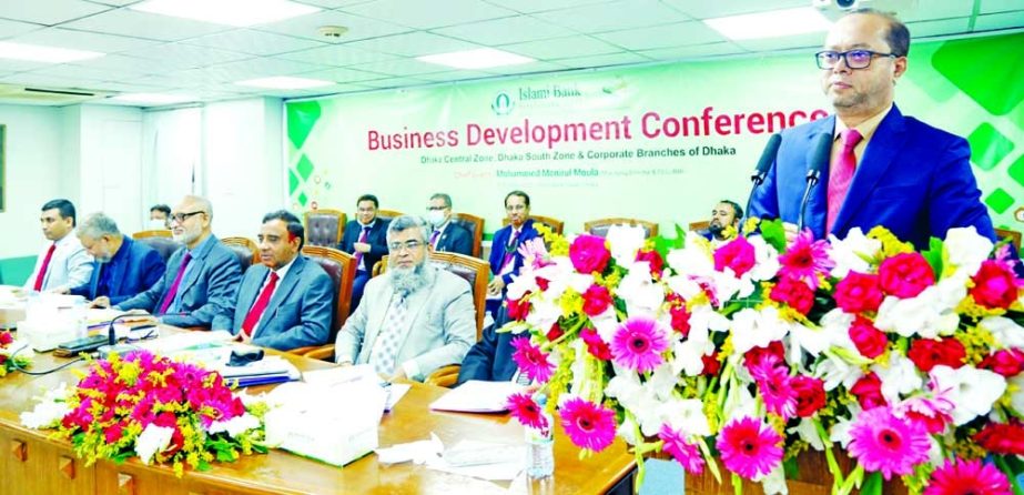 Mohammed Monirul Moula, Managing Director and CEO of Islami Bank Bangladesh Limited (IBBL), addressing the Business Development Conference of the banks Dhaka Central Zone, South Zone and corporate branches held at hotel in the capital on Wednesday. Muhamm