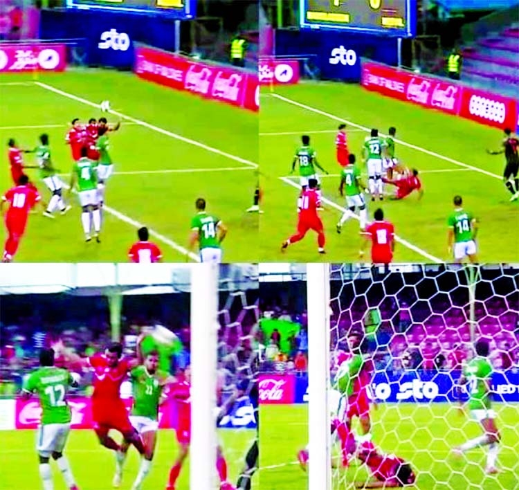 Goalmouth action which resulted in a penalty for Nepal against Bangladesh in the SAFF Championship in Male on Wednesday.