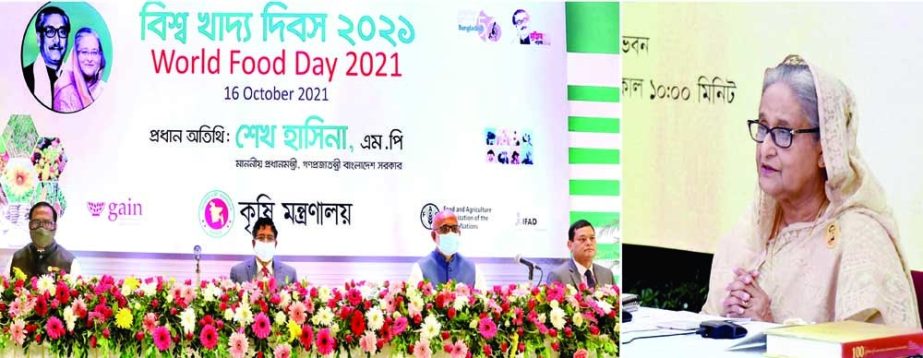 Prime Minister Sheikh Hasina addresses at a function marking 'World Food Day-2021' held at Hotel InterContinental being joined from Ganobhaban through video conference on Saturday. PID photo