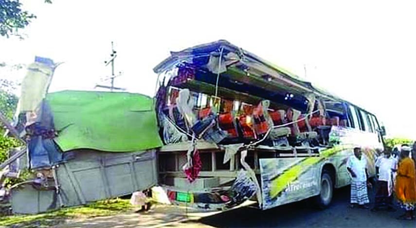 A passenger bus gets smashed from backside at Trishal upazila in Mymensingh on Saturday as a truck rammed down it leaving 7 people dead.