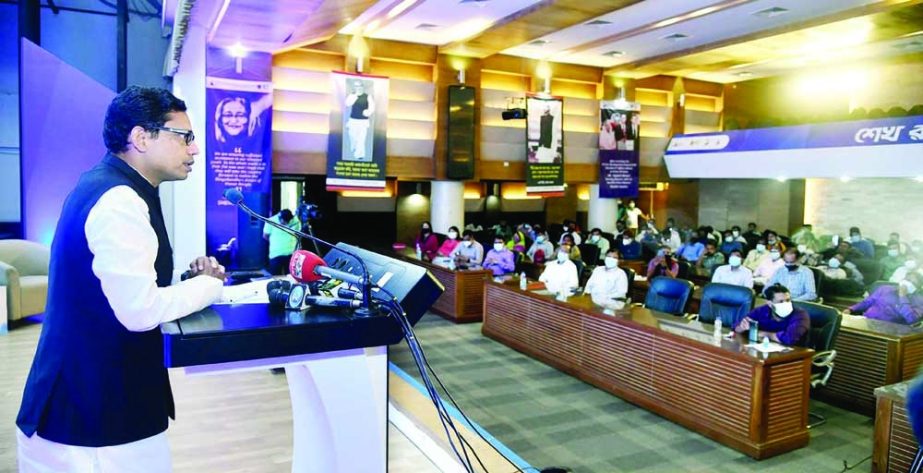 State Minister for Information and Communication Technology Zunaid Ahmed Palak briefs to the journalists at Computer Council auditorium in the capital on Sunday marking 'Sheikh Russel Day-2021'. NN photo