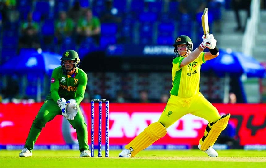 Australia's Steven Smith goes back and plays a cut during the ICC Twenty20 World Cup 2021 match against South Africa in Abu Dhabi on Saturday.