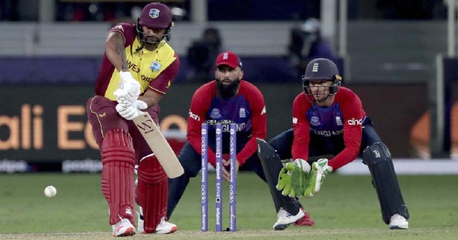 West Indies' Akeal Hosein batts during the Cricket T20 World Cup match between England and the West Indies at the Dubai International Cricket Stadium, in Dubai, UAE, Saturday, Oct. 23, 2021. AP photo