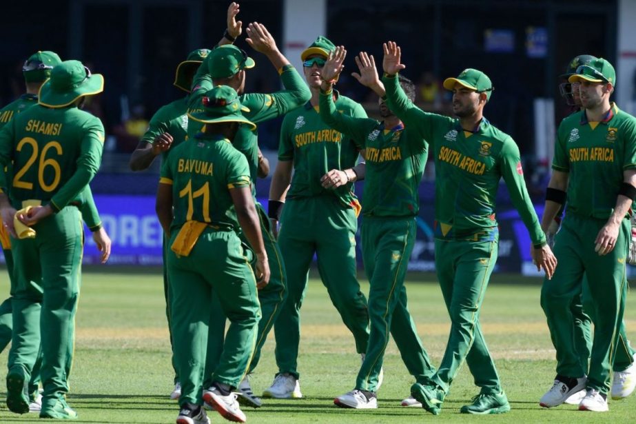 Players of South Africa celebrating after taking a wicket of West Indies during their Group-1 match of the ICC T20 World Cup at Dubai International Stadium in the United Arab Emirates on Tuesday. NN photo