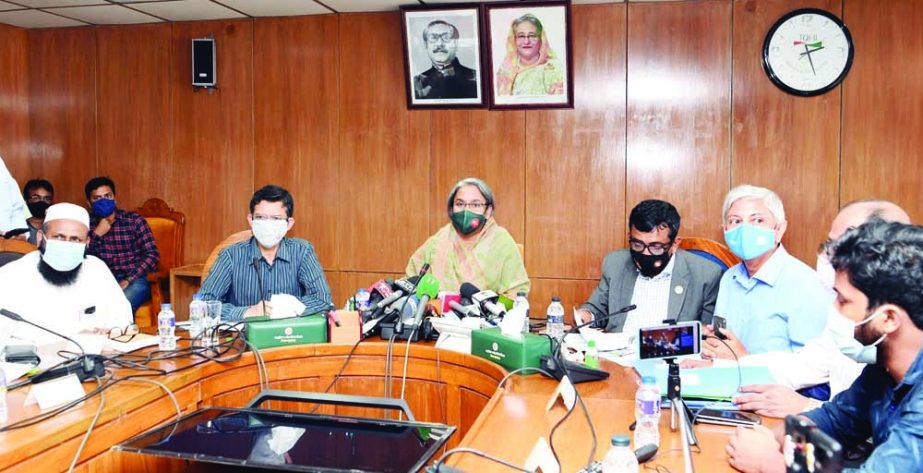 Education Minister Dr Dipu Moni briefs the journalists about SSC, Dakhil, SSC (Vocational) and Dakhil (Vocational) examination-2021 at the seminar room of the ministry on Wednesday. NN photo