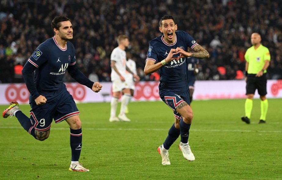 Paris St Germain's Angel Di Maria (right) celebrates scoring their second goal against Lille on Friday. Agency photo