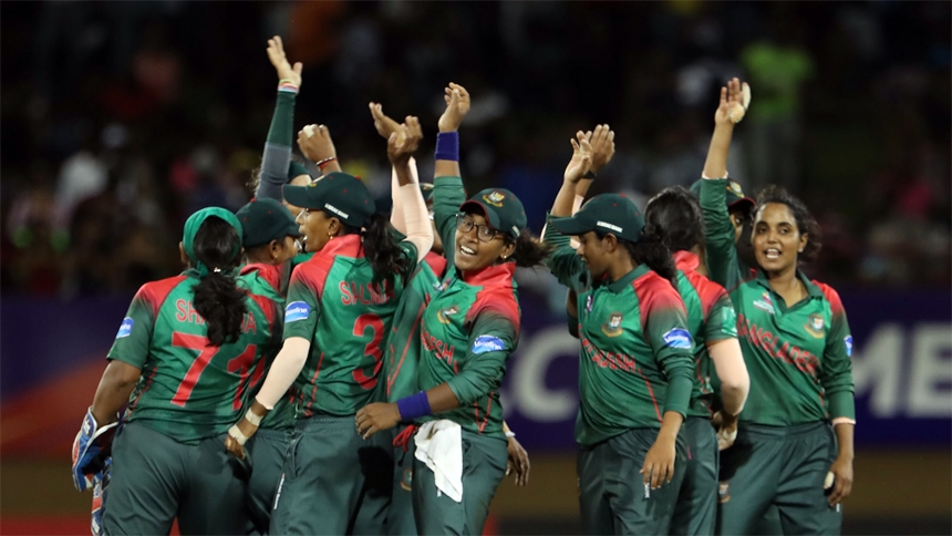 Players of Bangladesh Women's Cricket team celebrate during their match recently.