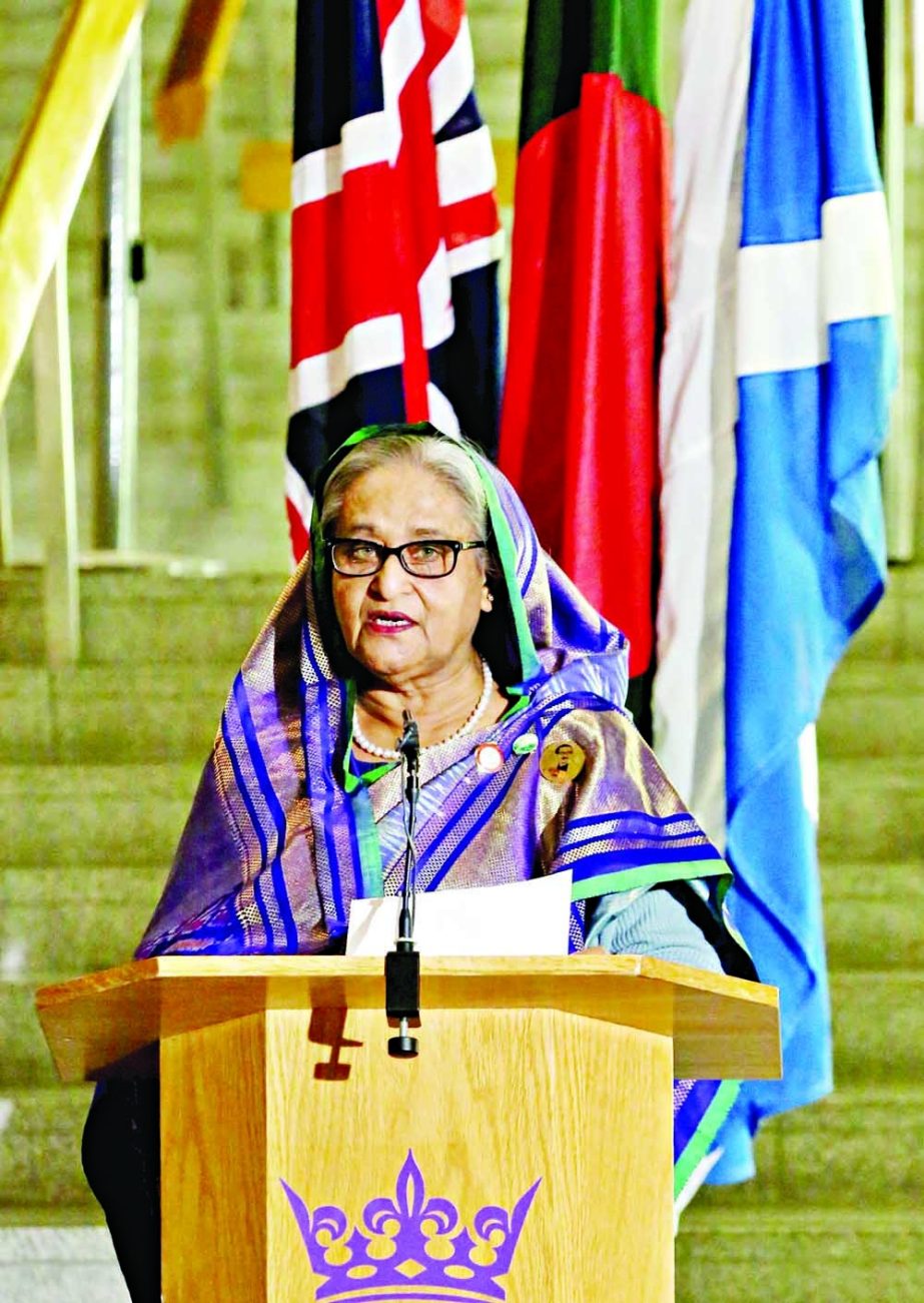 Prime Minister Sheikh Hasina makes a speech on the issue titled: 'A Bangladesh Vision for Global Climate Prosperity' arranged by Scottish Parliament on November 2. PID photo