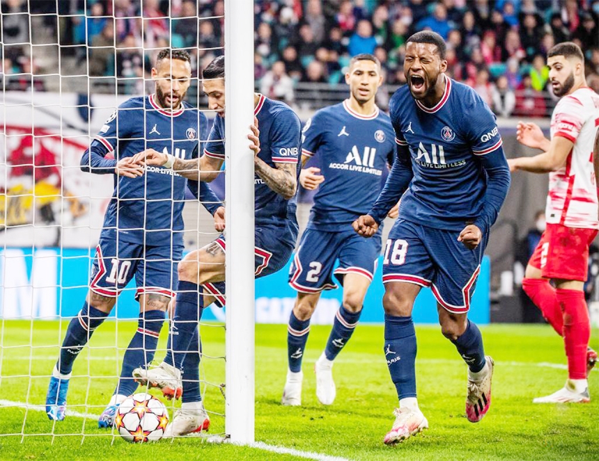 Georginio Wijnaldum (2nd right) of Paris Saint-Germain celebrates his first goal during a UEFA Champions League Group A match against RB Leipzig of Germany in Leipzig, Germany on Wednesday.