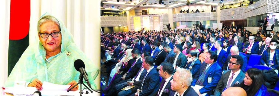 Prime Minister Sheikh Hasina on Thursday was addressing inauguration ceremony of the "Bangladesh Investment Summit 2021: Building Sustainable Growth Partnerships"" and Roadshow from a hotel in London through virtually. PID photo"