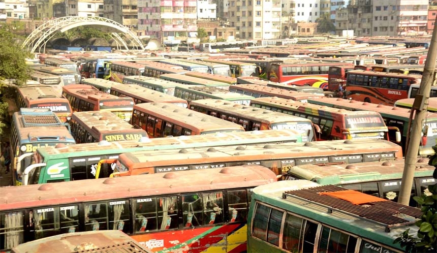 Pasenger buses remain idle due to transport strike. The snap was taken from the city's Saedabad Bus Terminal on Friday.