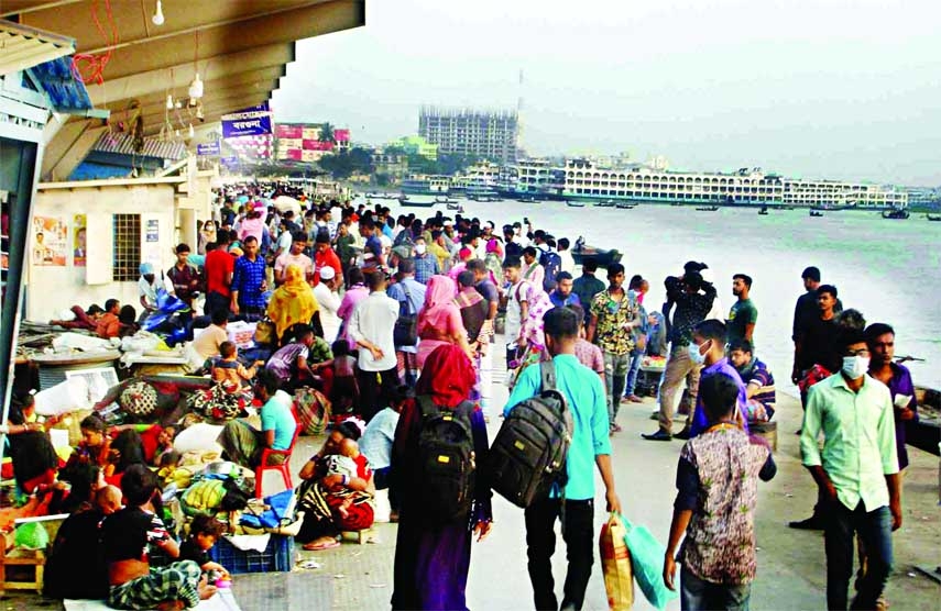Hundreds of south-bound passengers stranded at the Sadarghat Terminal in the capital on Saturday as launch operations stopped over fuel price hike. NN photo