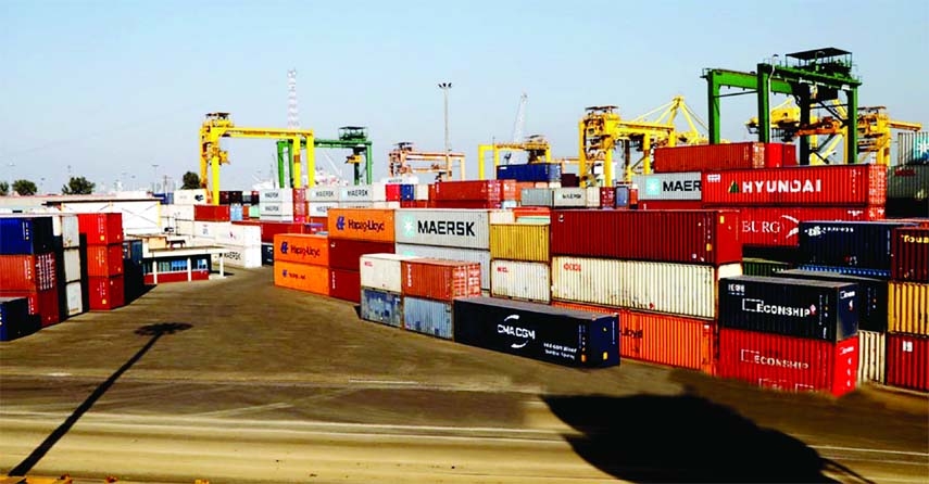 Goods laden containers lie at the yard of Chattogram Port on Sunday as the nationwide transport strike enforced by the transporters disrupted goods delivery from the country's prime sea port.