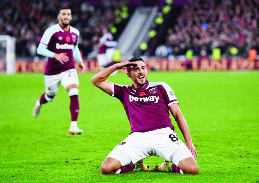 West Ham United's Pablo Fornals celebrates scoring their second goal during the Premier League match against Liverpool at London Stadium, London on Sunday.