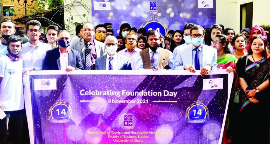 Vice-Chancellor of Dhaka University Prof. Dr.Akhtaruzzaman, among others, at a rally on Monday marking the14th founding anniversary of Tourism and Hospitality Management Department of the university. NN photo