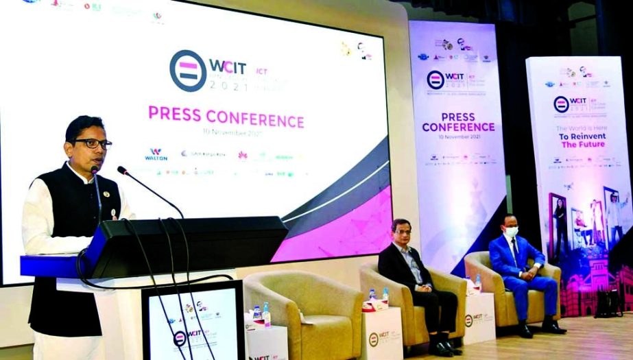 State Minister for ICT Zunaid Ahmed Palak briefs journalists on 'The World Congress on Information Technology' scheduled to be held in Dhaka on November 11-14 at ICT Tower in the city's Agargaon on Wednesday. NN photo