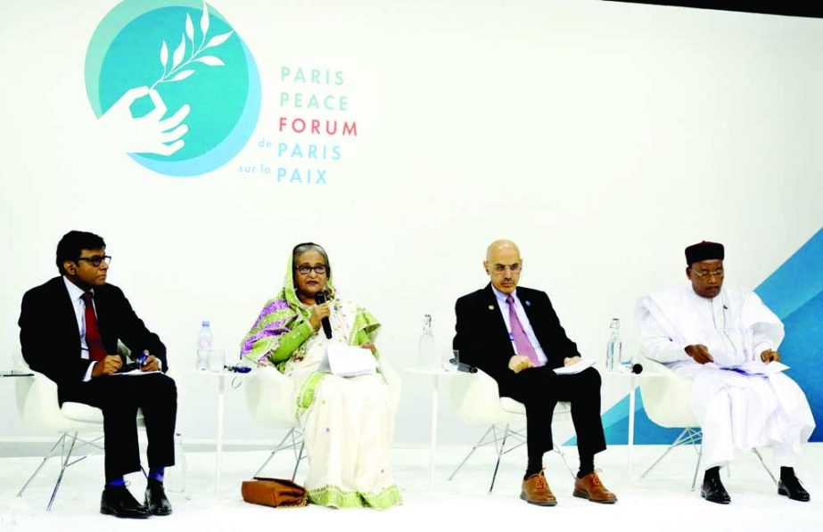 Prime Minister Sheikh Hasina speaks at a panel discussion of Paris Peace Forum High Level in Paris on Friday. PID photo