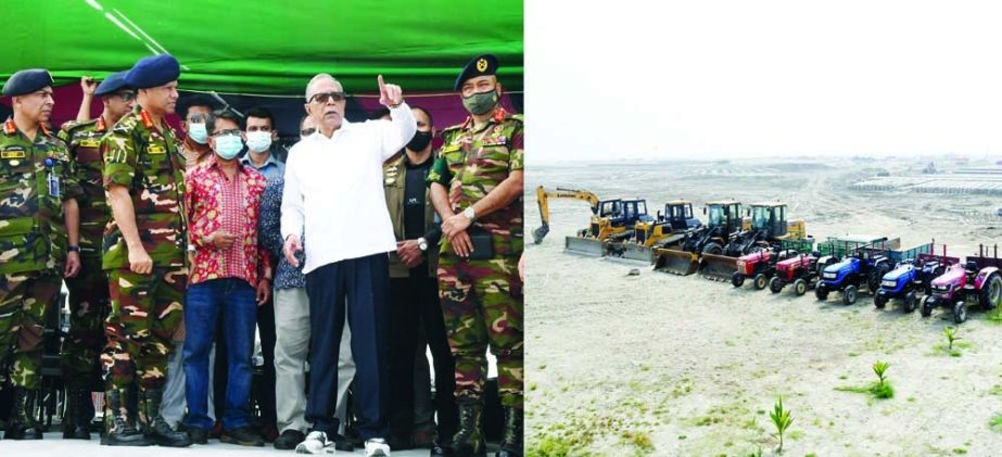 President Md Abdul Hamid inspects under construction cantonment at Mithamain upazila in Kishoreganj on Sunday. PID photo