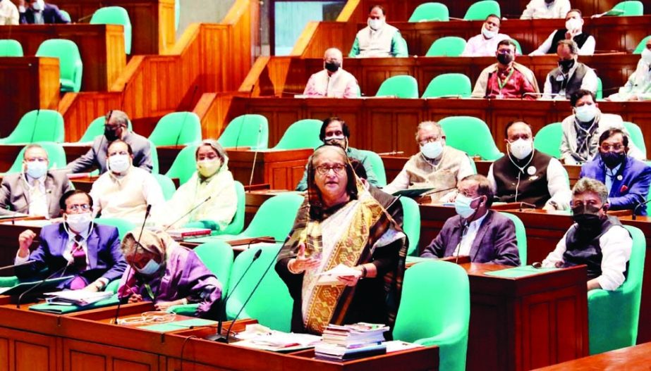 Prime Minister Sheikh Hasina speaks at a discussion on introducing 'UNESCO-Bangladesh Bangabandhu Sheikh Mujibur Rahman International Prize for Creative Economy' at JS session on Monday.marking the 75 years founding anniversary of UNESCO. PID photo