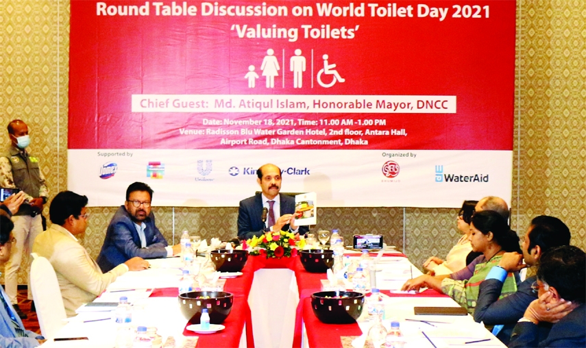 DNCC Mayor Atiqul Islam speaks at a roundtable on the occasion of World Toilet Day organised by Bhumijo and Water Aid at Radisson Blu Water Garden Hotel in the city on Thursday.