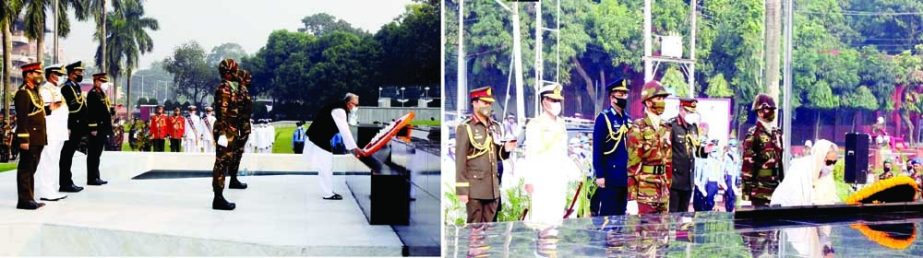 President Mohammad Abdul Hamid and Prime Minister Sheikh Hasina place wreaths at the altar of Shikha Anirban (flame eternal) at Dhaka Cantonment on Sunday on the occasion of the Armed Forces Day 2021. PID photo