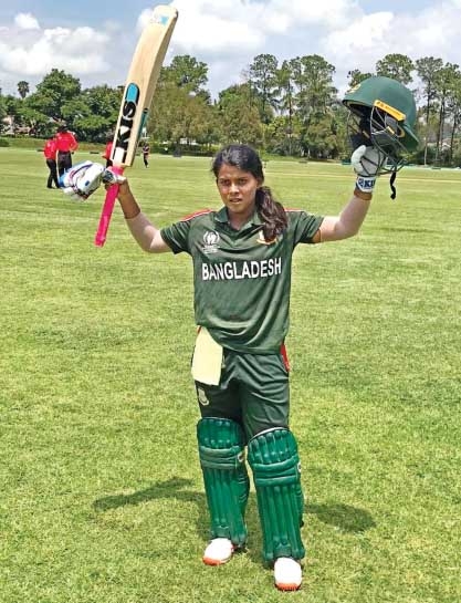 Sharmin Akhter of Bangladesh, celebrating her century against the United States of America during the match of the ICC ODI World Cup qualifier at Harare in Zimbabwe on Tuesday. Agency photo