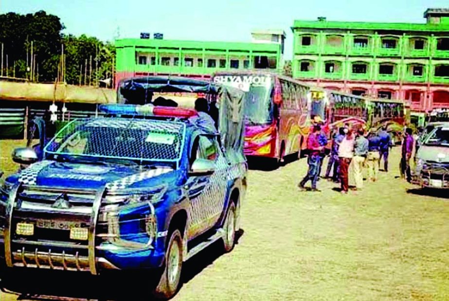 Rohingya relocation to Bhashan Char resumes. This photo shows four buses with 122 Rohingya men of 42 families left for new destination from Ukhya Degree College in Cox's Bazar on Wednesday. NN photo