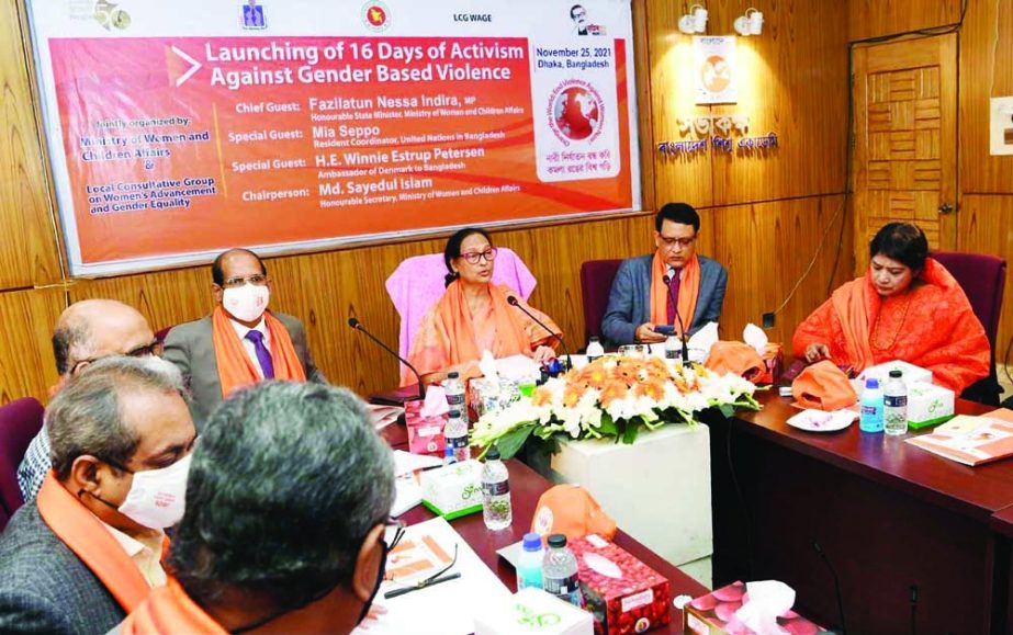 State Minister for Women and Children Affairs Fazilatun Nesa Indira speaks at a ceremony on '16 Days of Activism Against Gender Based Violence' at the seminar room of Bangladesh Shishu Academy in the city on Thursday. NN photo