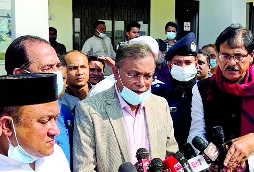 Information and Broadcasting Minister Dr. Hasan Mahmud exchanges views with journalists at Cox's Bazar Airport on Friday.