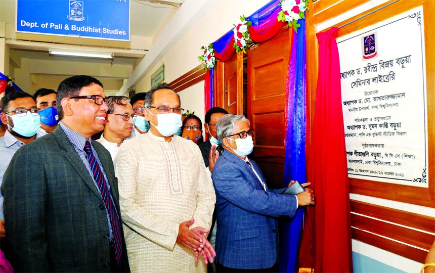 Vice-Chancellor of Dhaka University Prof Dr Akhtaruzzaman inaugurates medernised Lecture Hall and Seminar Room of Pali and Buddhist Studies Department of the university on Friday.