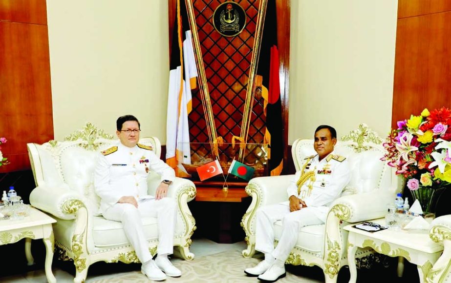 Turkish Naval Chief Admiral Adnan Ozbal calls on his Bangladesh Counterpart Admiral M Shaheen Iqbal at the latter's office at Banani Naval Headquarters in the city on Monday. ISPR photo